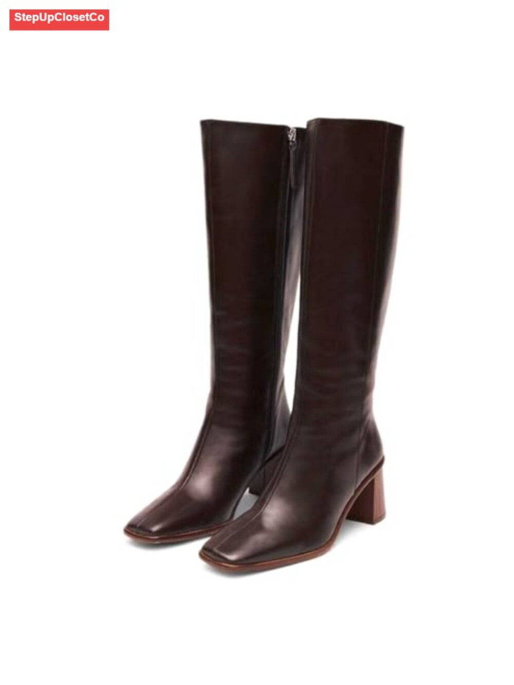 Chunky Heel Faux Leather Knee High Boots Square Toe Side Zip Fall Winter